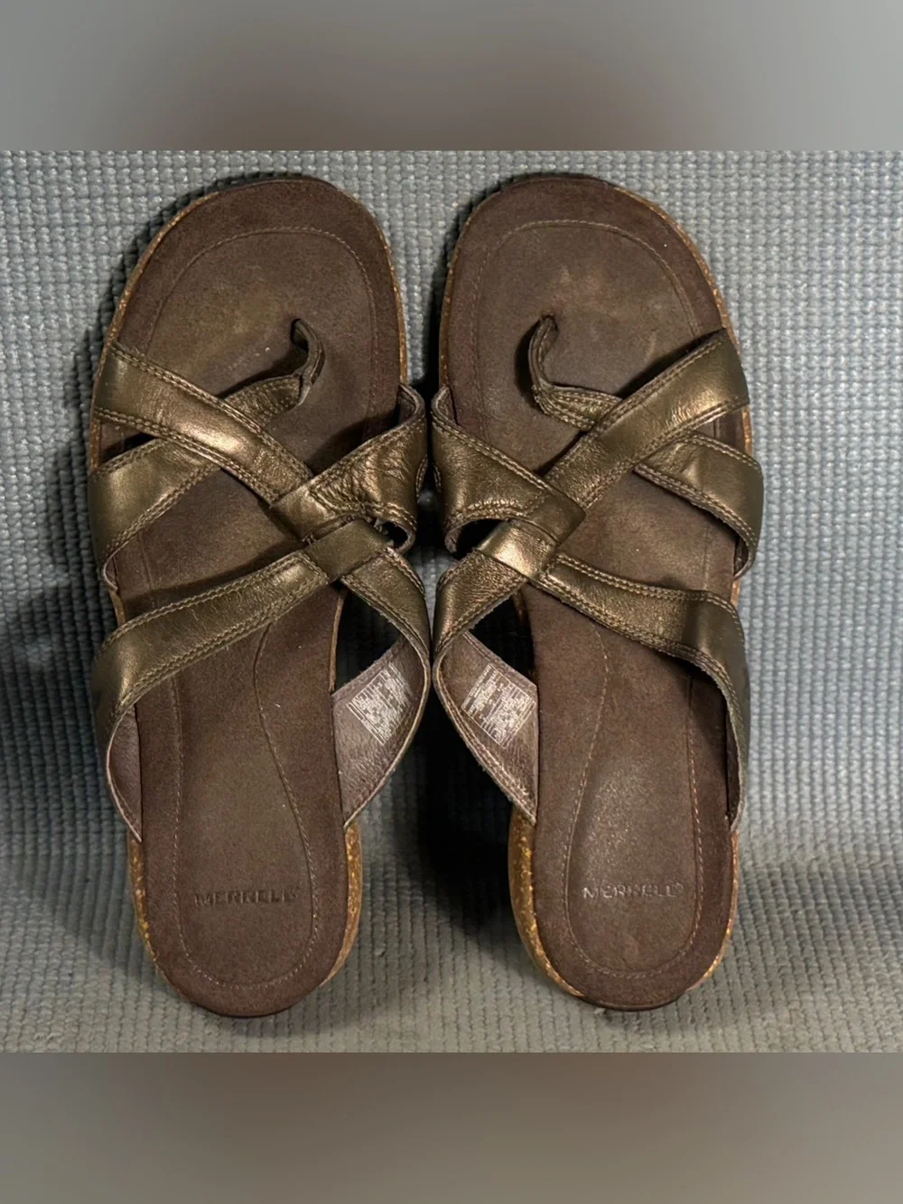 Merrell Sundial Antique Brass Leather‎ Comfort Cork Thong Sandals Women’s Size 8
